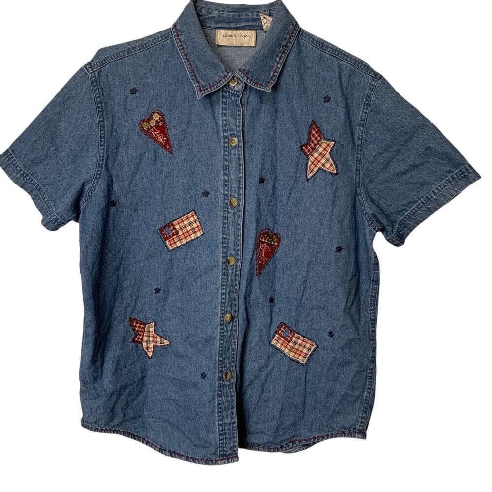 Lemon Grass Denim Shirt M Patriotic Appliqué Stars Hearts USA Flag Button Front